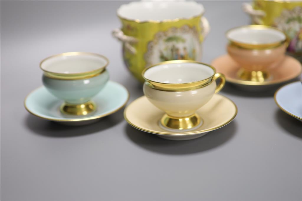 A pair of Dresden cache pots and a Danish porcelain coffee set, tallest 9.5cm